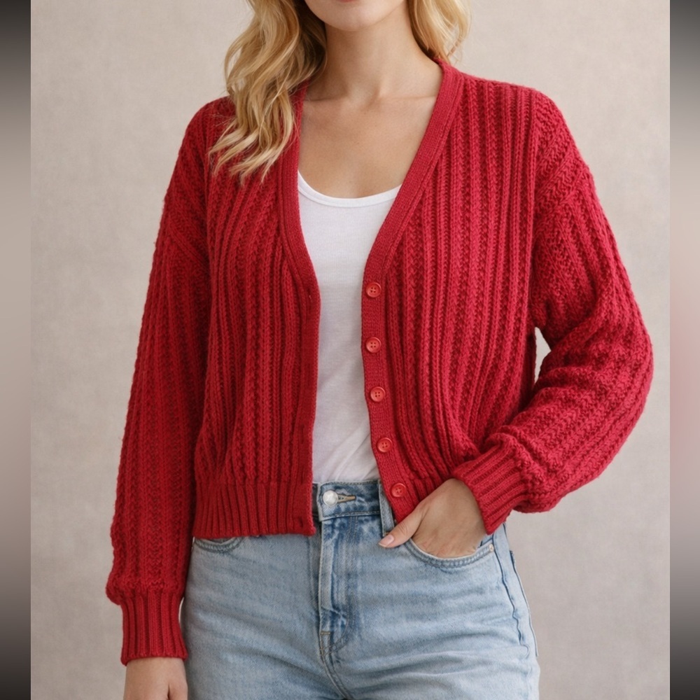 Vintage Pendleton 100% Wool V-Neck Red Cardigan Cable knit Women's SP Slouchy